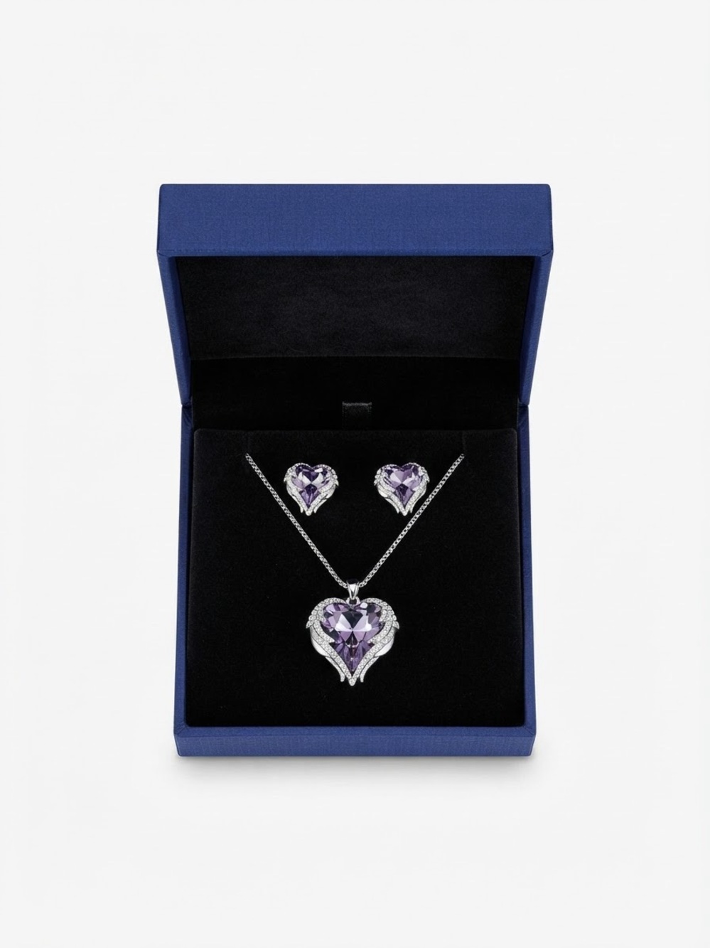 Heart-Shaped Purple Crystal Necklace and Earring Set